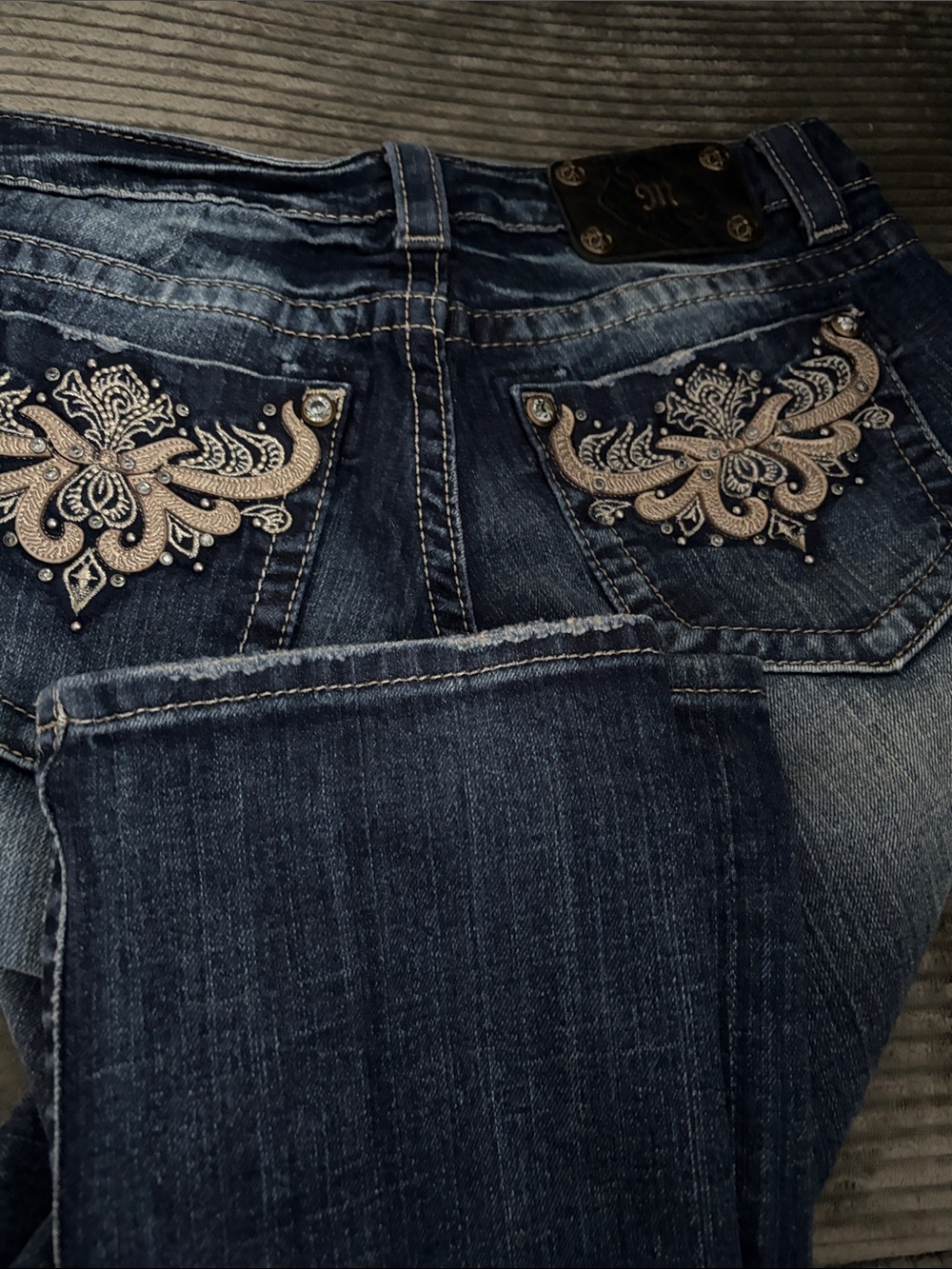 Miss Me Dark Blue Boot Cut Jeans with Embroidered Pocket Accents
